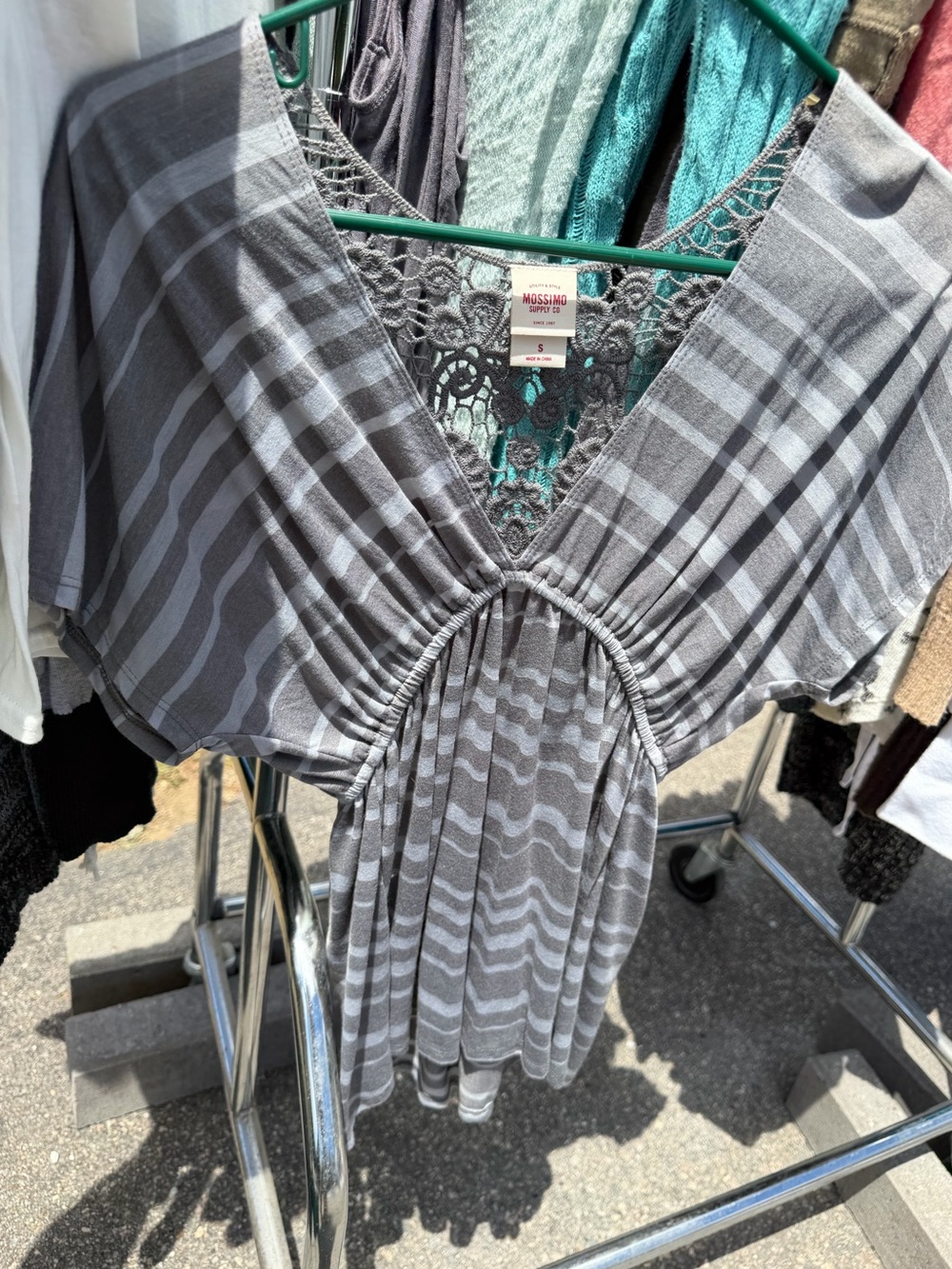 Mossimo Supply Co. Gray Striped V-Neck Crochet Back Blouse